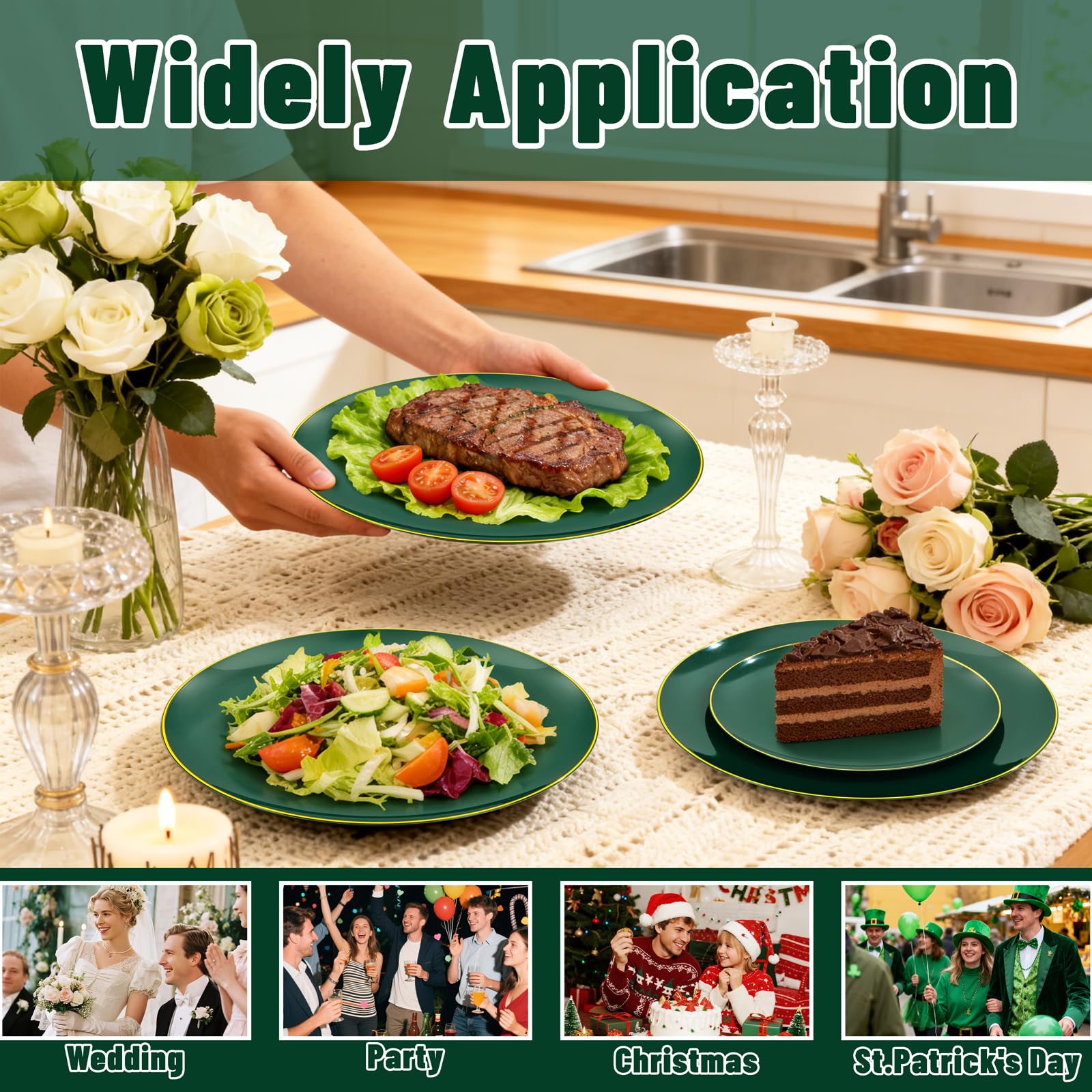 YOUBET 125PCS Green Plastic Plates - Green Disposable Plates With Gold Rim Include 25 Dinner Plate, 25 Dessert Plate, 75 Gold Plastic Silverware for Party Wedding