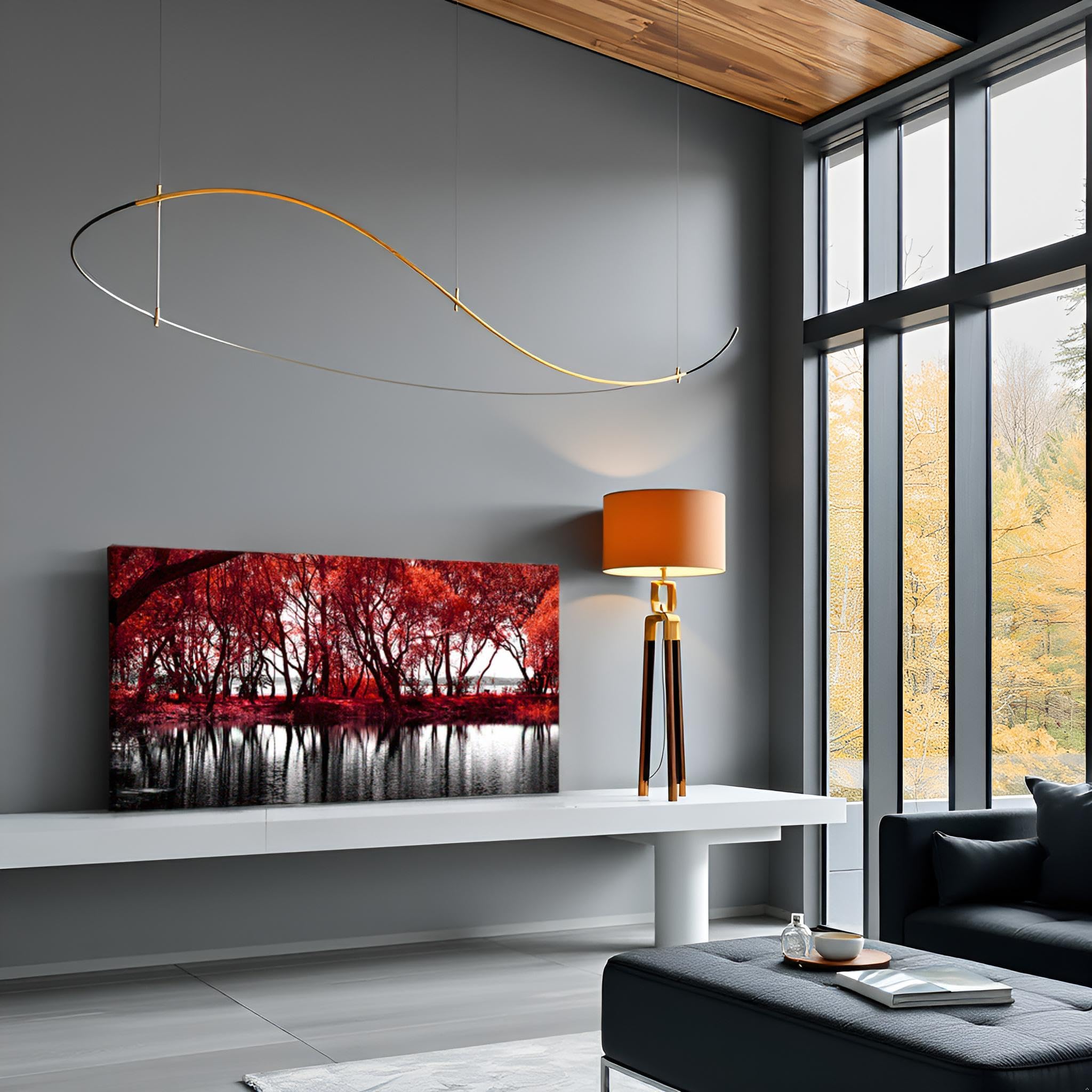 LevvArts Black and White Red Canvas Wall Art Autumn Tree Forest by Lake Pictures Fall Landscape Painting Modern Home Living Room Kitchen Decor Giclee Artwork Framed Ready to Hang 24x48 Inch