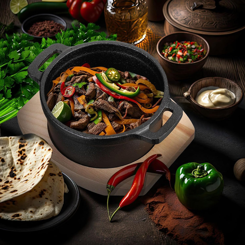 Skiennix 20 oz Dutch Oven Pot Set - Pre-Seasoned Cast Iron Casserole with Lid & Wooden Base | Heavy-Duty Black Cocotte