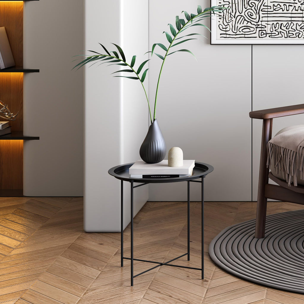 Elitehouse End Table Set of 2,Outdoor Side Table, Small Patio Round Folding Metal Black Side Tables for Outdoor,Living Room,Balcony and Office,Φ18.5" x 19.9"H，2 PCS