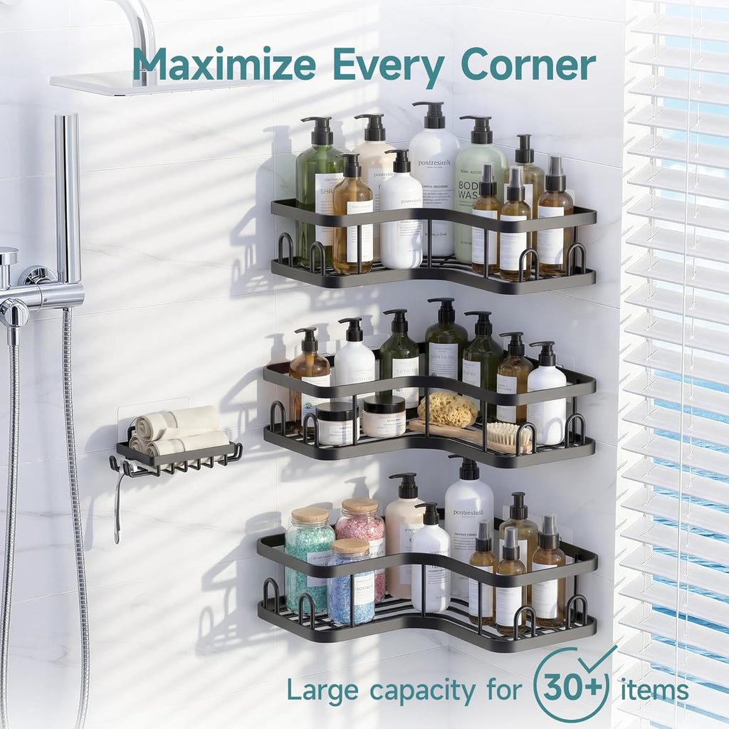 Veken Corner Shower Caddy - 4-Pack Adhesive Shelves with Soap Holder & Hooks | Rustproof, Waterproof, Black