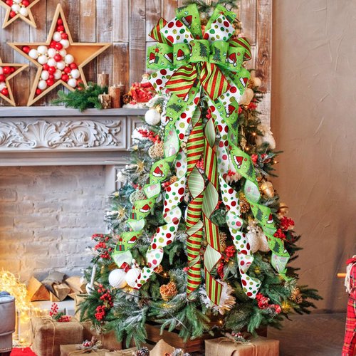 Wninbu Christmas Tree Topper Bow Wreath, 44 x 13 Inches Large Green Bow Tree Topper,Christmas Wreath for Tree Indoor/Outdoor Christmas Decoration