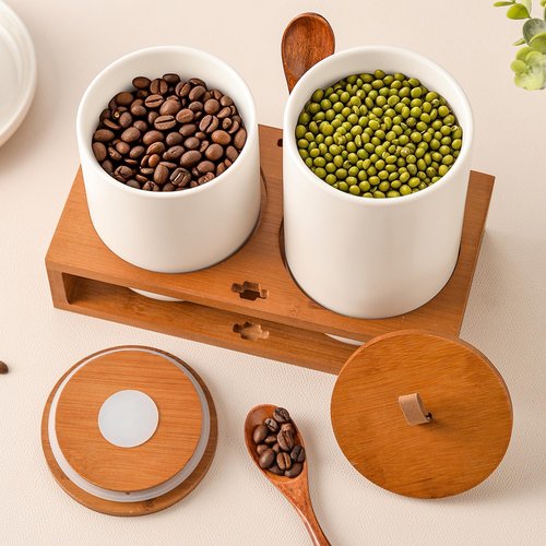 CoorFormer White Ceramic Canister Set of 2 with Bamboo Lids, Wooden Stand & Spoons – 35oz & 28oz Airtight Food Storage Jars for Coffee, Sugar, Tea, Kitchen Counter Organizer
