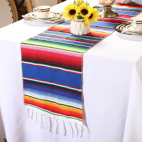 Tegeme 12 Pcs Mexican Table Runners 14 x 84 Inch Mexican Serape Table Runner Blanket Fringe Cotton Rainbow Fiesta Party Decoration for Cinco De Mayo Wedding Sarapes Mexicanos Boho (Elegant Style)