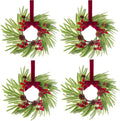 Skiennix Mini Christmas Wreaths - 15" Norfolk Pine Decor with Red Ribbon & Pine Cones | Set of 4
