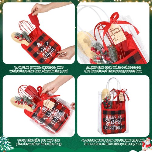 Chengu 58 Pcs Christmas Kitchen Gift Set Merry Christmas Pot Holders Xmas Supplies with Spatula Whisk Card Cooking Baking Gift for Xmas Party Decor Friends Family Baking Lover Presents (Plaid)