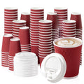 Fit Meal Prep 50 Pack 12 oz Red Disposable To Go Coffee Cups with White Lids - Triple Wall Corrugated Paper Cups for Hot Drinks, Parties & Holidays