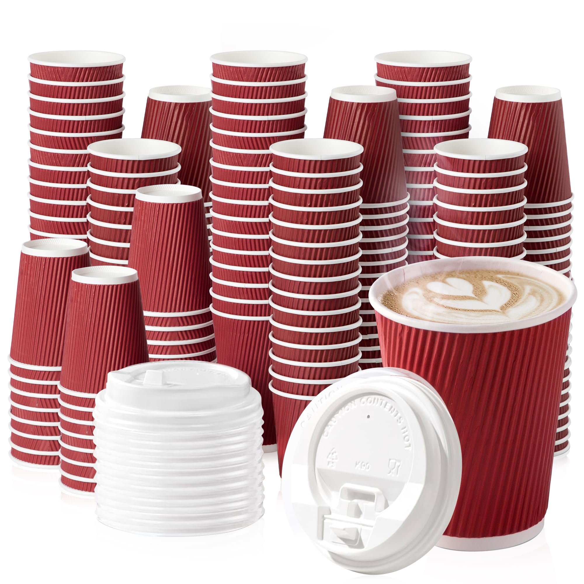 Fit Meal Prep 50 Pack 12 oz Red Disposable To Go Coffee Cups with White Lids - Triple Wall Corrugated Paper Cups for Hot Drinks, Parties & Holidays