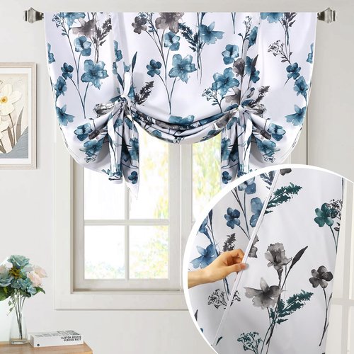 H.VERSAILTEX Tie Up Curtain Double Sided Cattleya Floral Printed Window Valance Balloon Roman Curtain, Rod Pocket 1-Pack, Reversible in Blue/Teal, W 42 x L 36