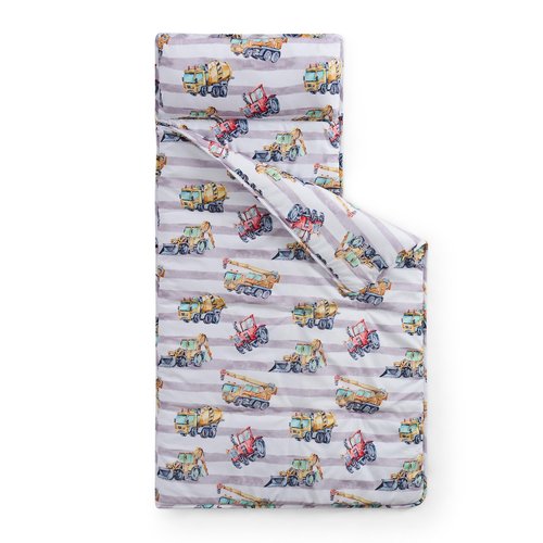 Kids Sleeping Bag Nap Mat with Pillow & Blanket – 3-in-1 Machine Washable Quilted Mat for Kids – Portable with Handles – 20" x 50" for Daycare, Preschool, Travel, & Sleepovers, Construction Trucks