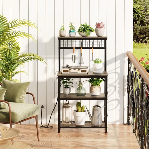 Furologee Bakers Rack with Power Outlet and LED Light, Small Coffee Bar Station with 4 Tier Shelves, Microwave Stand Table with 6 S Hooks, Kitchen Storage Rack for Spices, Pots, Black Oak