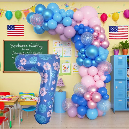40 Inch Pastel Blue and Pink Number 7 Foil Metallic Balloon for Kids' Hawaii Cartoon Birthday Party Decorations