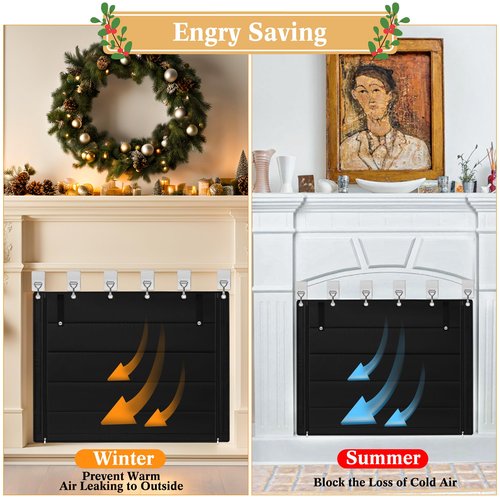 LUCKIPLUS Fireplace Cover, Indoor Fireplace Blanket with Hook & Loop Tapes, Fireplace Draft Cover Stops Heat Loss, Fire Place Draft Stopper Cold Air Blocker Save Energy 39"x32" Black