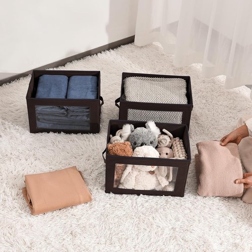 Homsorout Foldable Storage Boxes - Clear Window Clothes Organizers | Fabric Bins, Brown, 3 Pack