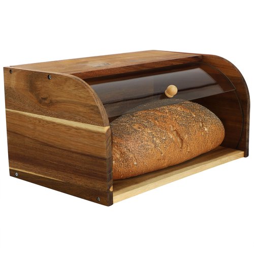 Elama Acacia Wood Bread Box with Clear Sliding Plastic Lid, Rustic Kitchen Counter Storage for Bread, Pastries, Buns & Snacks - Natural Wooden Bread Bin