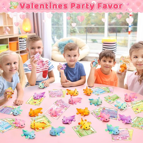 Jumlys Valentines Day Cards for Kids School, 24 Packs Cute Axolotl Squeeze Toys, Valentine Day Party Favors for Boys Girls, Ideal Exchange Cards for Classroom