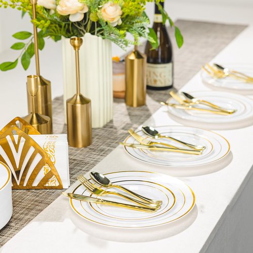 Pryntono 200PCS Gold Plastic Plates, Disposable Party Plates with Gold Rim, Include 100 Dinner Plate and 100 Elegant Dessert Plate for Party and Wedding