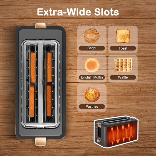 Mecity 4-Slice Toaster - Long Slot Design with Warming Rack & 6 Browning Settings | Stainless Steel, Grey