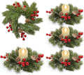 Skiennix Christmas Candle Rings - 4 Pcs Flocked Pine & Red Berry Wreaths for Festive Home Decor