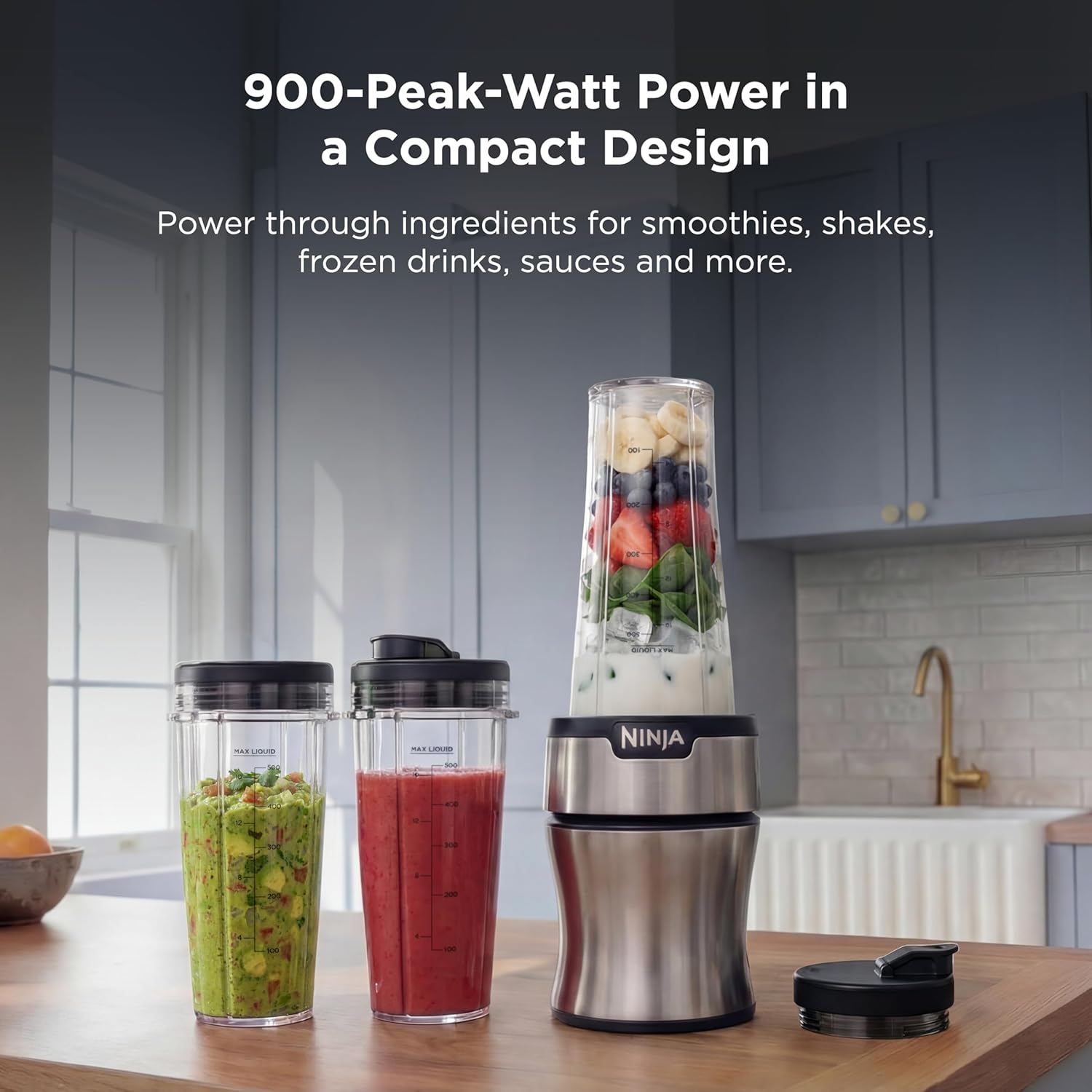 Ninja Nutri-Plus Personal Blender - Compact Push-To-Blend for Smoothies & Frozen Drinks | 900W | Silver | Includes 3 To-Go Cups & Lids