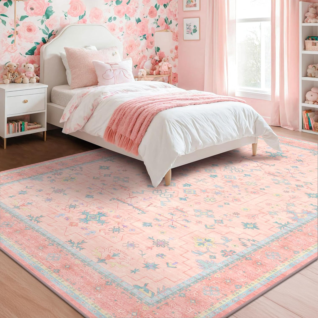 Oushak Rugs | Washable Pink and Blue 6x9 Area Rug - Soft Faux Wool, Modern Floral Design for Kids' Rooms