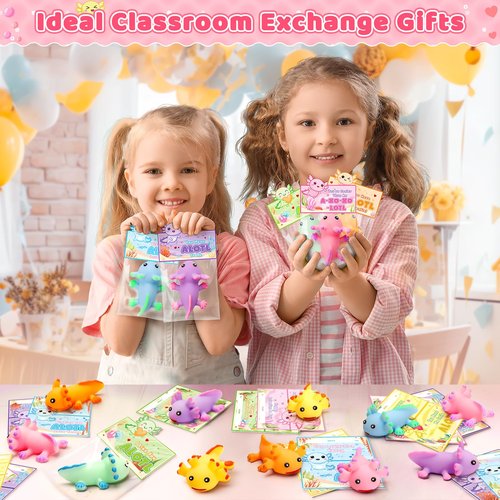 Jumlys Valentines Day Cards for Kids School, 24 Packs Cute Axolotl Squeeze Toys, Valentine Day Party Favors for Boys Girls, Ideal Exchange Cards for Classroom