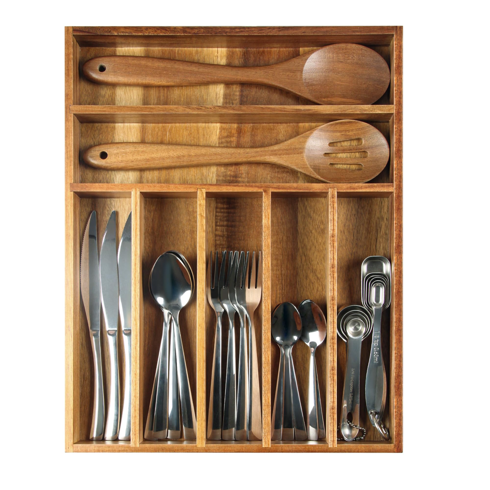 KITEISCAT Acacia Wood Silverware Organizer, Kitchen Utensil Drawer Organizer for Forks & Spoons, 7-Compartment Cutlery Tray, Flatware Holder