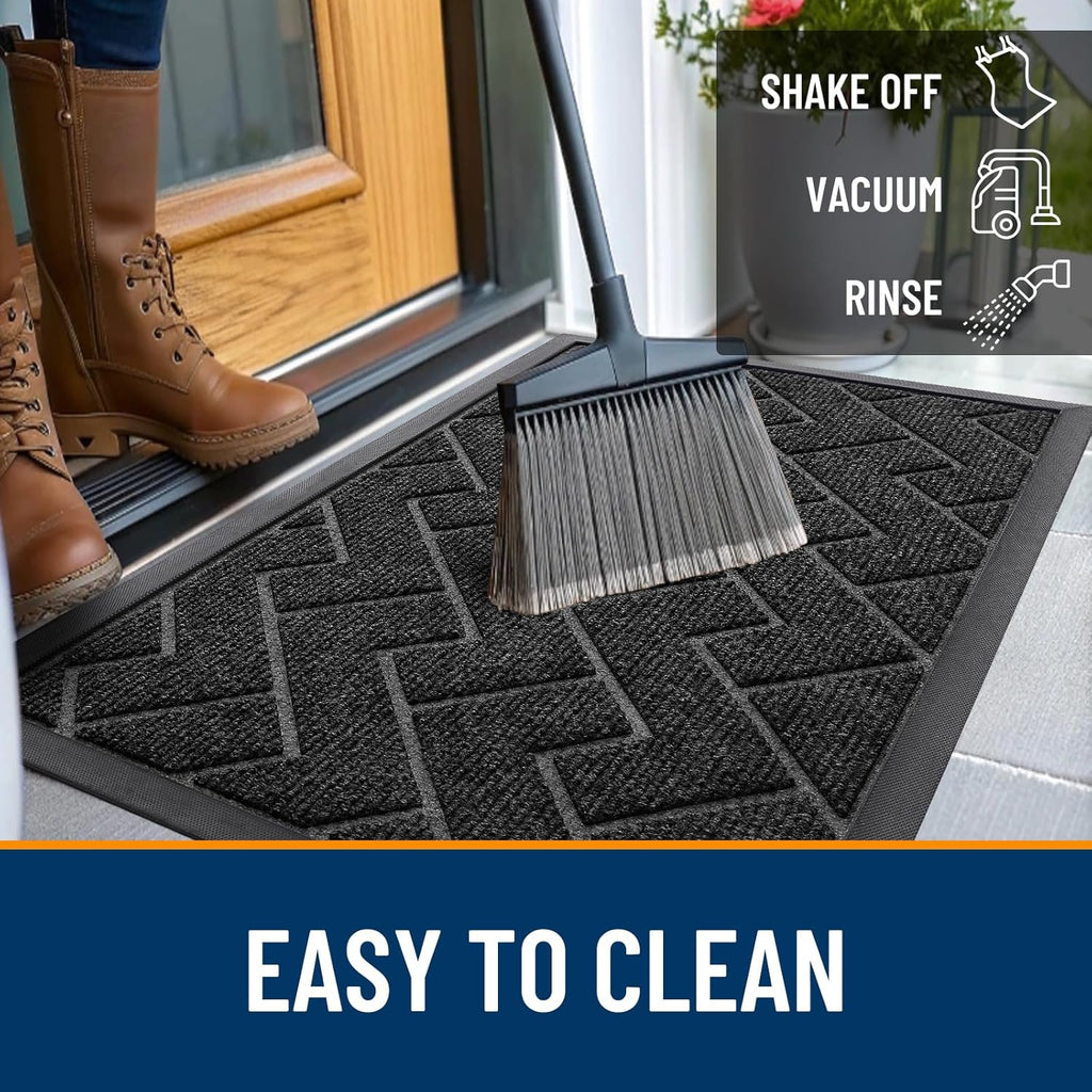 OLANLY Indoor Outdoor Front Door Mat - Waterproof All-Season Herringbone Doormat | Easy Clean, Black (59x35)
