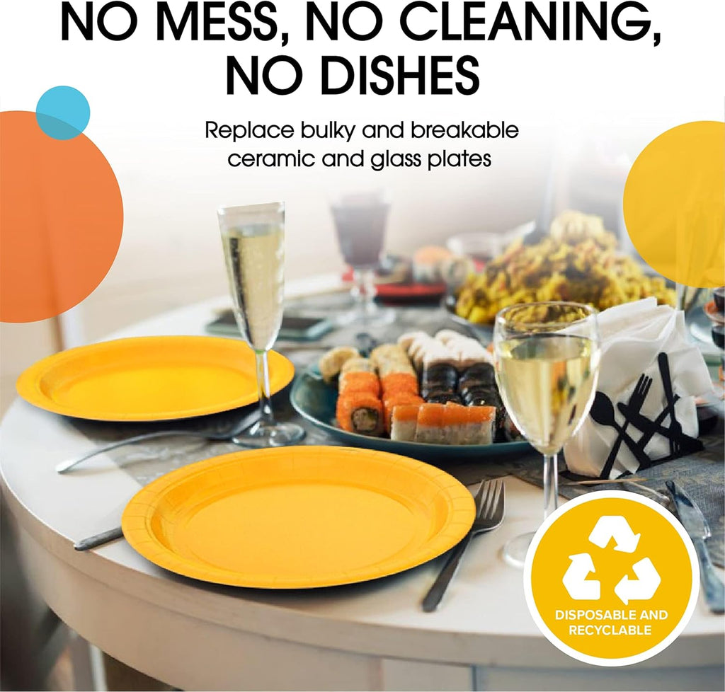 Skiennix Heavy-Duty Yellow Paper Plates - 9 Inch Disposable Party Plates | 100 Pcs, 350 GSM Quality