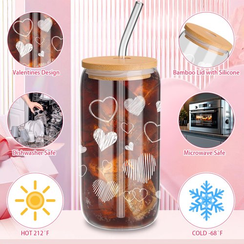 Yetene 2 Sets White Hearts Glass Cups, 16 oz Valentine's Day Tumbler Glasses with Bamboo Lids and Straws Iced Coffee Clear Glass Drinking Cups for Galentines Party Couple Lover Birthday Gifts
