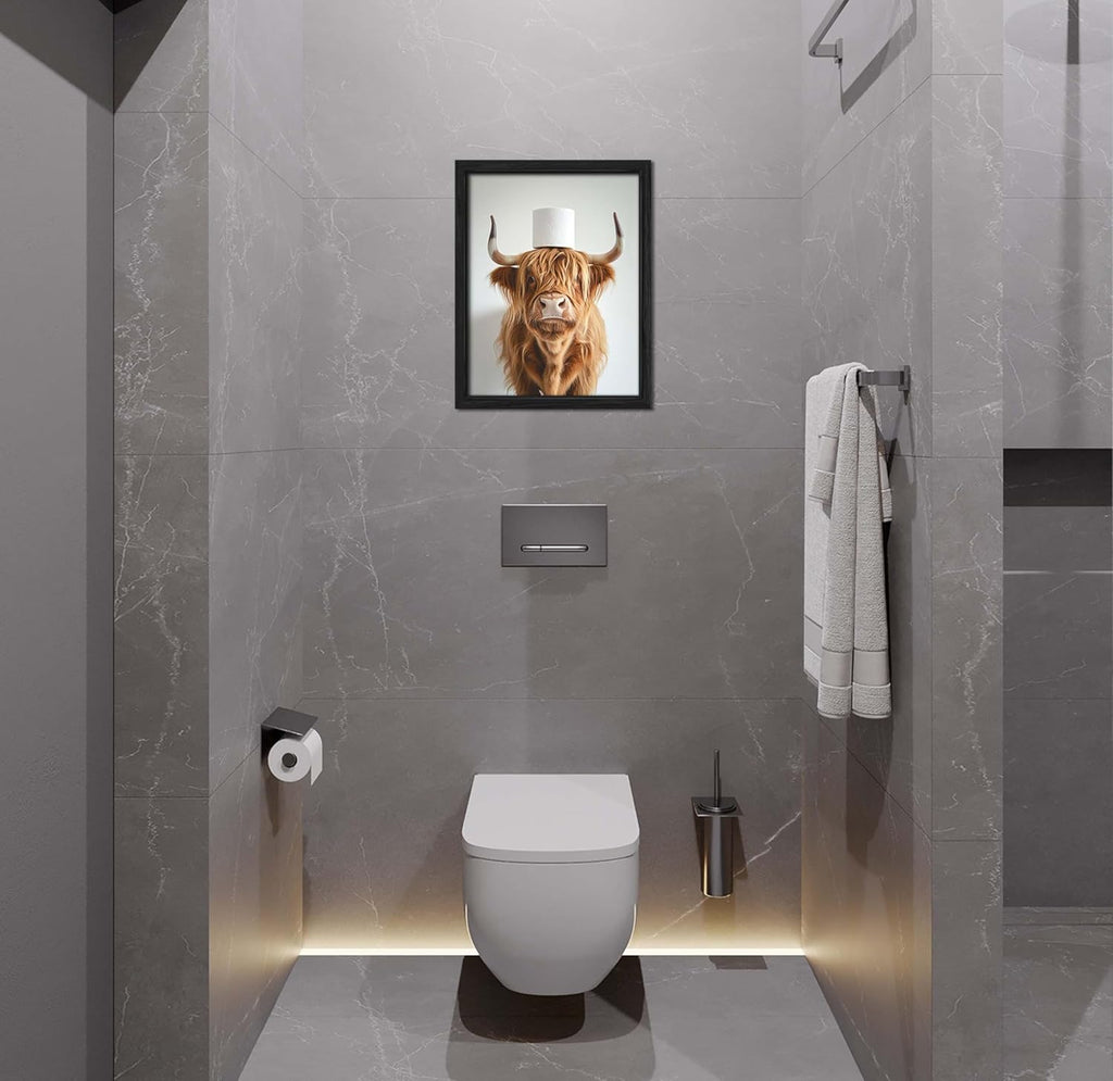 ZXDZSM Highland Cow Wall Art - Funny Rustic Bathroom Decor Canvas Print | Framed 12x16 Inch