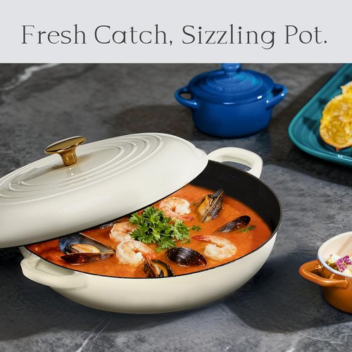 CAROTE Enameled Cast Iron Braiser Pan - 3.4QT Non-Toxic Dutch Oven with Lid & Dual Handles | White