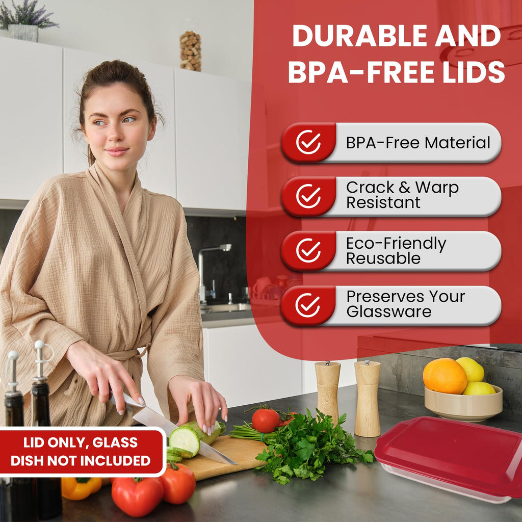 Replacement Lids fits Pyrex 9x13 233 Glass Casserole Baking Dish Container with Tab Handles, for 3-Quart Model 233-PC (2-Pack, Red)