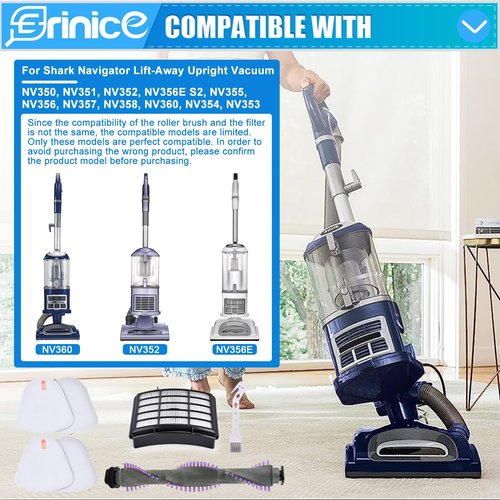 Erinice Filter Brush Roller Kit for Shark Navigator Lift Away Vacuum NV350 NV351 NV352 NV355 NV356 NV356E NV357 NV358 NV360 UV440 Replacement Parts, 1 HEPA Filter + 2 Foam & Felt Filter + Brush Roller