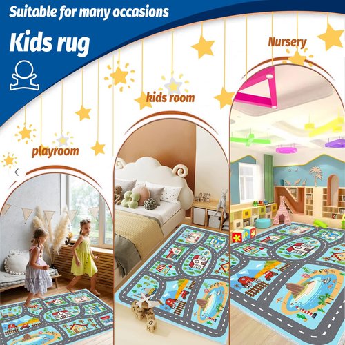 YSYTLCL Kids Rug Car Rugs 31''x47'' Playmat Carpet for Play Toy Cars for Playroom Classroom Kids Room, Non-Slip Road Traffic Floor Rug Mats, Washable Children's Town Road Play Rug.