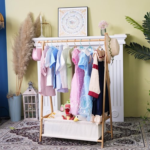 Bamnestor Bamboo Kids Clothing Rack with Storage Box - Foldable,Kids Dress Up Rack with Hooks & Rod, Organize Dress Up Storage & School Uniforms, Perfect for 4-13 Year Olds