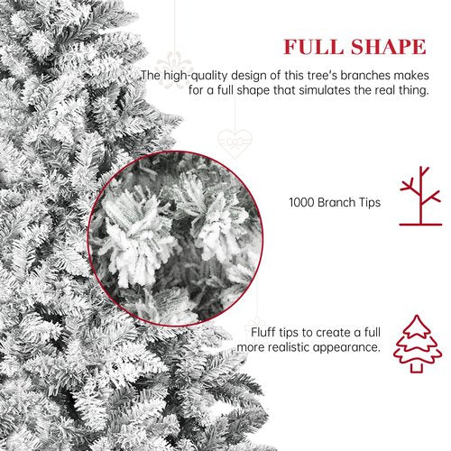 SUNCROWN 6ft Artificial Flocked Christmas Tree Premium Frosted Snow Christmas Tree Hinged Xmas Tree Holiday Decor for Indoor Outdoor, Foldable Metal Stand, 1000 Branch Tips, White