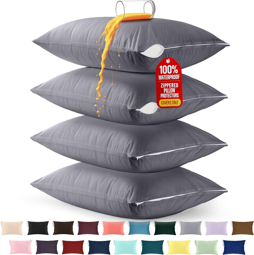 Utopia Bedding Waterproof Pillow Protectors - Bed Bug & Dust Mite Proof | Standard Size Set of 4, Gray