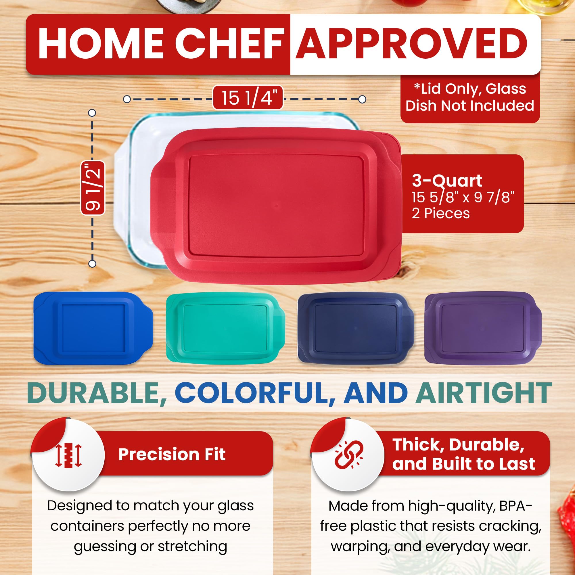 Replacement Lids fits Pyrex 9x13 233 Glass Casserole Baking Dish Container with Tab Handles, for 3-Quart Model 233-PC (2-Pack, Red)