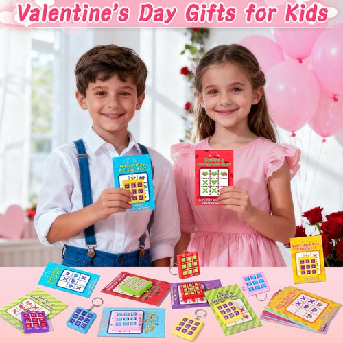 NAWITDA 24 Pack Valentines Day Gifts for Kids Classroom Valentines Day Cards for Kids with Tic-Tac-Toe Game Keychains, Valentines Class Exchange Gifts School Party Favors for Boys Girls