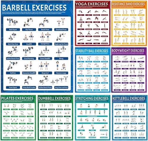 9Pcs Exercise Poster Set - Workout Charts for Dumbbells, Kettlebells, Yoga & More | Home Gym Decor