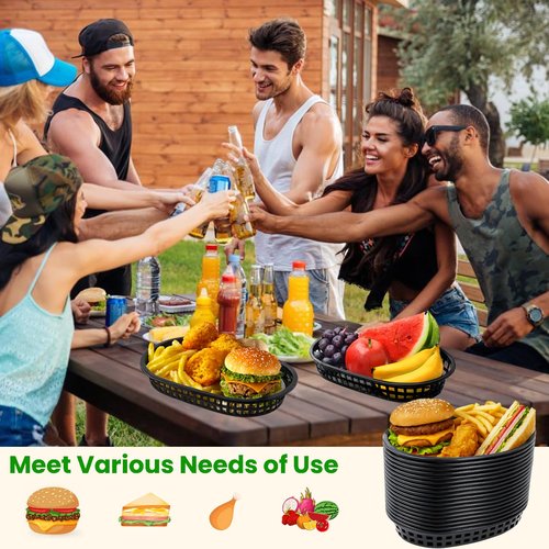 100 Pack Fast Food Baskets, 10.5 x 7 Inch Black Restaurant Tray Plastic Food Serving Baskets Bulk for Deli Serving, Chicken, Burgers, Picnics, Parties (100)