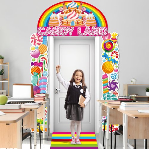 4Pcs Sweet Candyland Party Decorations Candy Door Covers Candyland Hanging Banner Backdrop Candy Land Store Porch Sign Colorful Runner Rug Background Photo Prop for Baby Shower Birthday Party Supplies
