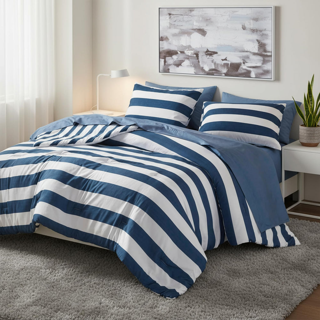 Reversible Striped Full Comforter Set-Bed in A Bag 7-Pieces Bedding Set with Double-sided Stripes Design-Warm & Cozy Bed Set Includes Full Size Comforter, Sheets Set, Pillowcases and Shams, Navy