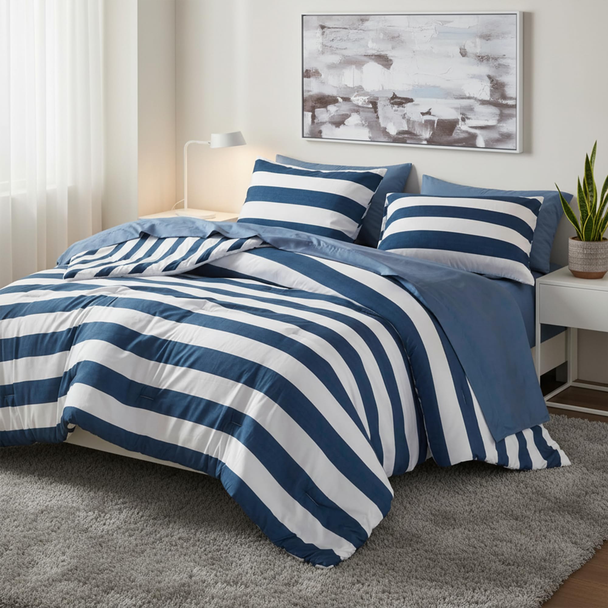 Reversible Striped Full Comforter Set-Bed in A Bag 7-Pieces Bedding Set with Double-sided Stripes Design-Warm & Cozy Bed Set Includes Full Size Comforter, Sheets Set, Pillowcases and Shams, Navy