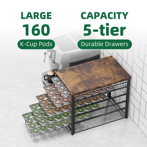 Simple Trending 5 Tier Coffee Pod Holder for K Cup, 160 Pod Pack Capacity Rack, Wood, Black