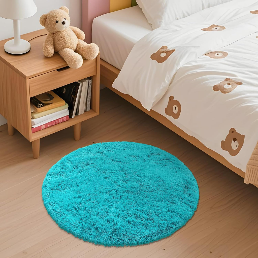 OLANLY Teal Blue Round Rug - Soft, Fluffy Shaggy Carpet for Bedroom | 2 ft Machine Washable Area Rug