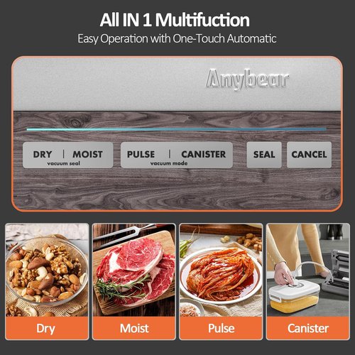Anybear Vacuum Sealer Machine - 90kPa 120W All-in-One Food Storage with Built-in Cutter | Includes 2 Bag Rolls & 5 Pre-Cut Bags (Gray)