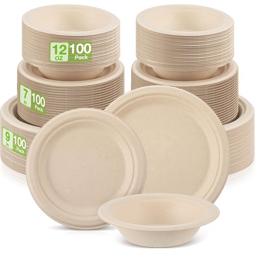 Havawish 300 Pcs Compostable Paper Plates and Bowls Set 7 Inch 9 Inch Disposable Plate 12oz Biodegradable Bowls for 100 Guests Party Dinner Party Supplies Bulk