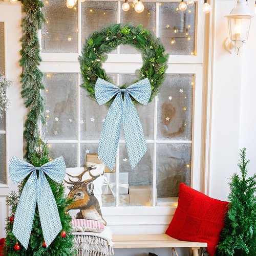 HunnmingRe Christmas Wreath Sash - 2 Pcs Blue & Green Block Print Burlap Bow | 24 x 16 Inch Indoor/Outdoor Decor